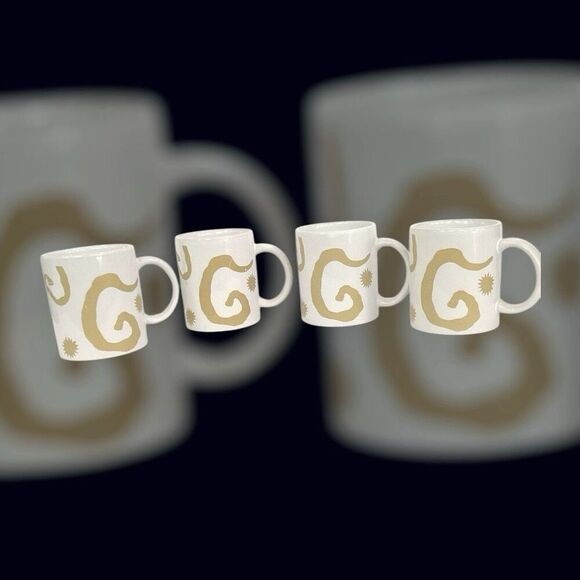 Oscar de la Renta Retired Ceramic Coffee Mugs White Gold Swirl Cups Set Of 4 - Picture 6 of 8